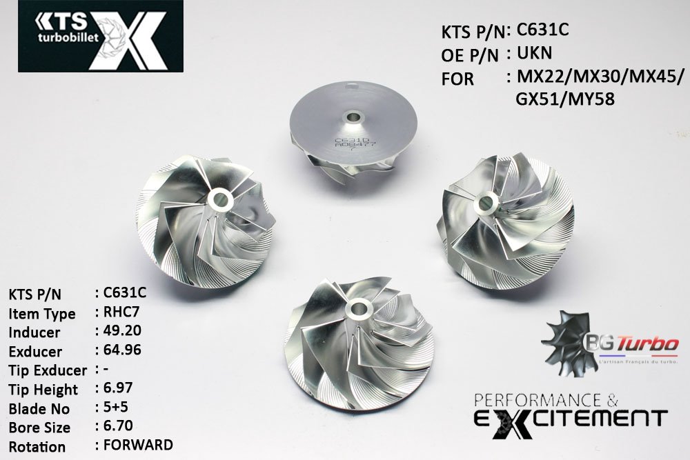 Turbo ROUE FORGÉE MFS PERFORMANCE - 5+5 PALES - INDUCER : 49,2 - EXDUCER : 64,96 - TYPE : RHC7ANGLE : 45° - ROTATION : Forward - SUPER BACK : 2,36 - BORE SIZE : 6,7
